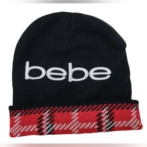 Bebe Winter Beanie Hat Black With Red & White Snowflake Cuffed BEBE logo